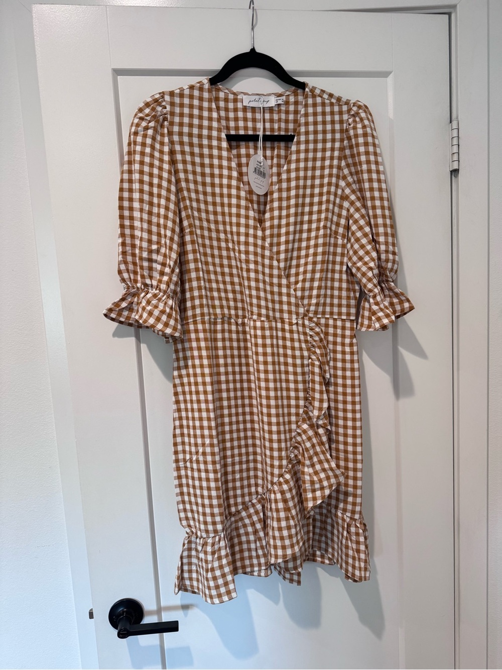 Gingham Wrap Ruffle Dress in Tan and White